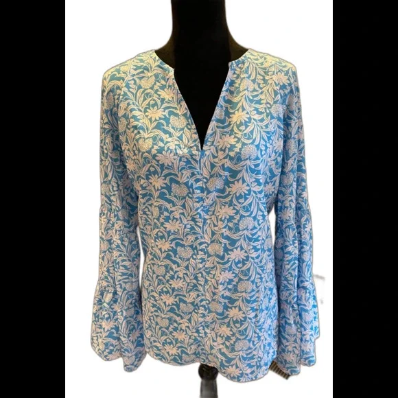 Womens Blouse Plus Size XL Blue Flowy Boho Peasant Bell Sleeve Casual Feminine - Picture 2 of 10